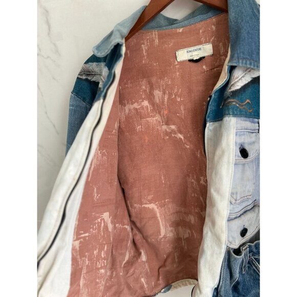 Vtg Y2K Denim Patchwork Jacket Tribal Boho Streetwear Feather Embroidery - Picture 13 of 15